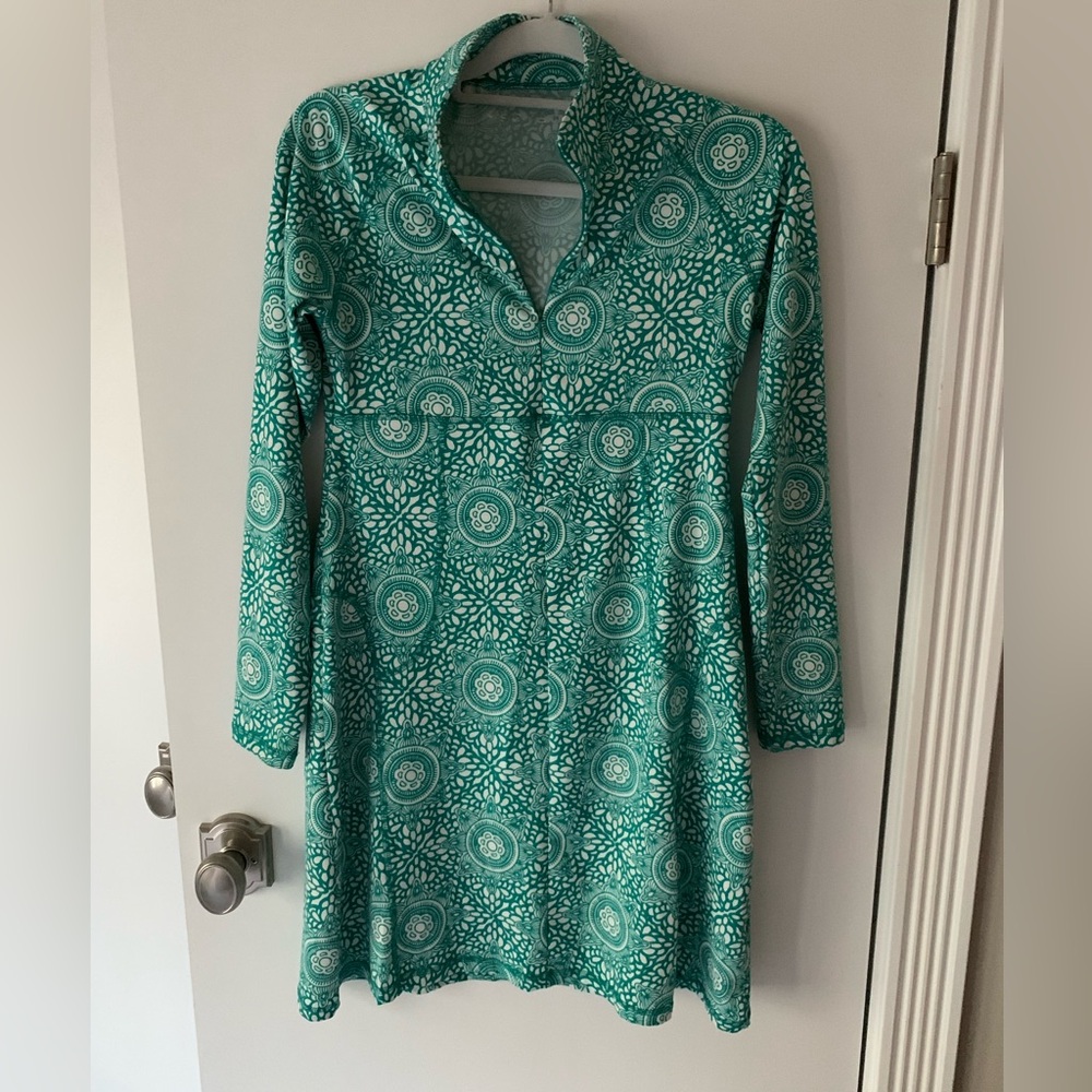 Teal Green Patterned Long Sleeve  Athletic Dress
